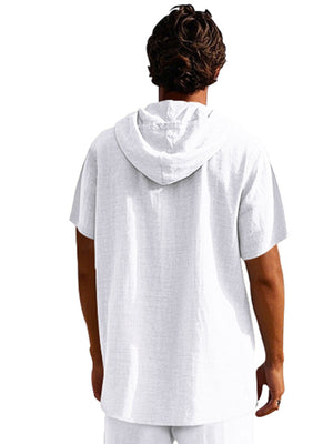 White linen short sleeve hooded shirt