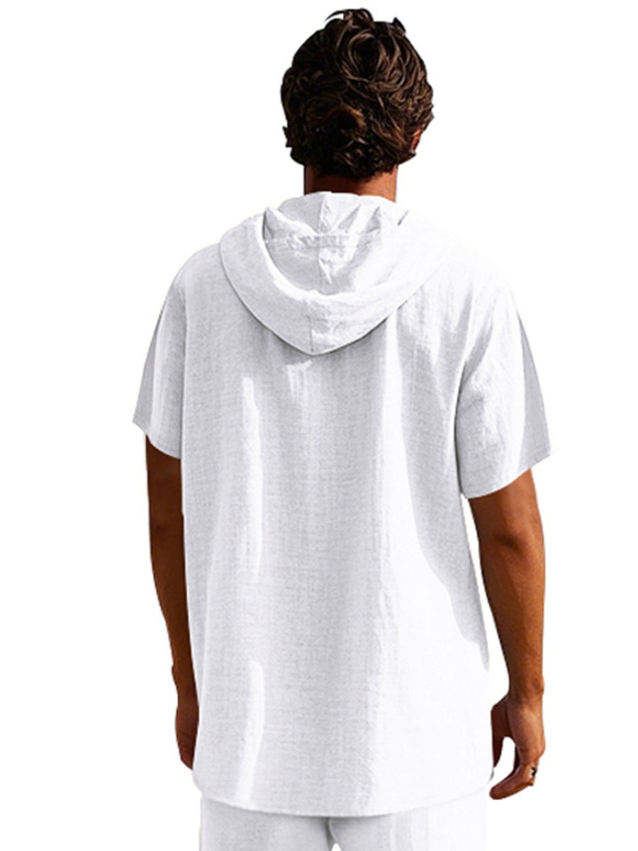 White linen short sleeve hooded shirt