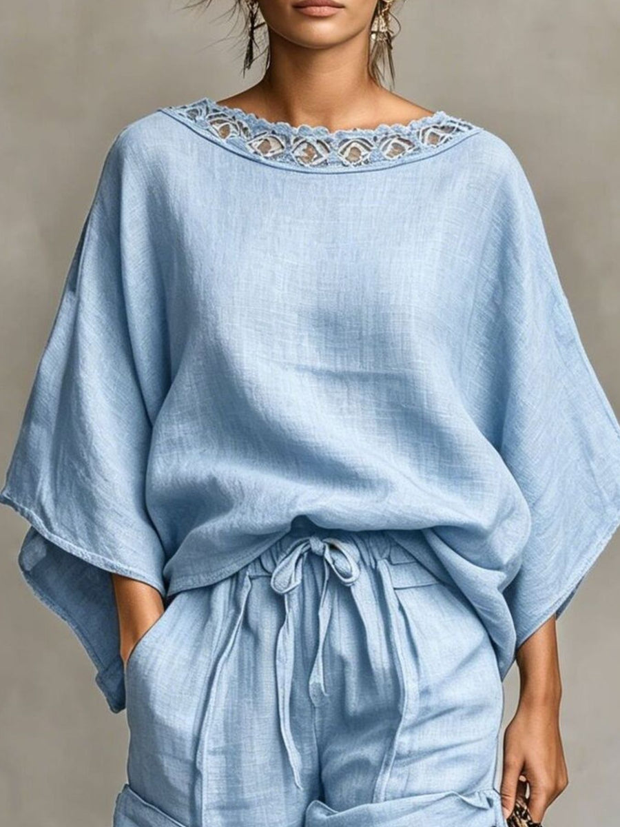 bohemian pajama set in Light Blue with round neck