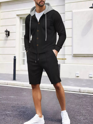 Blue Men's Casual Hooded Button-up Shirt And Shorts Set