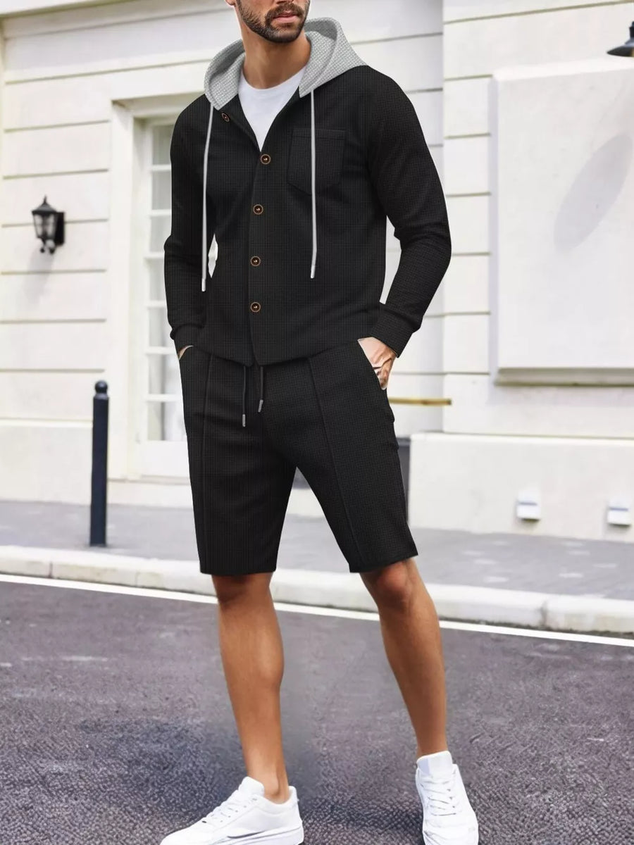 Blue Men's Casual Hooded Button-up Shirt And Shorts Set