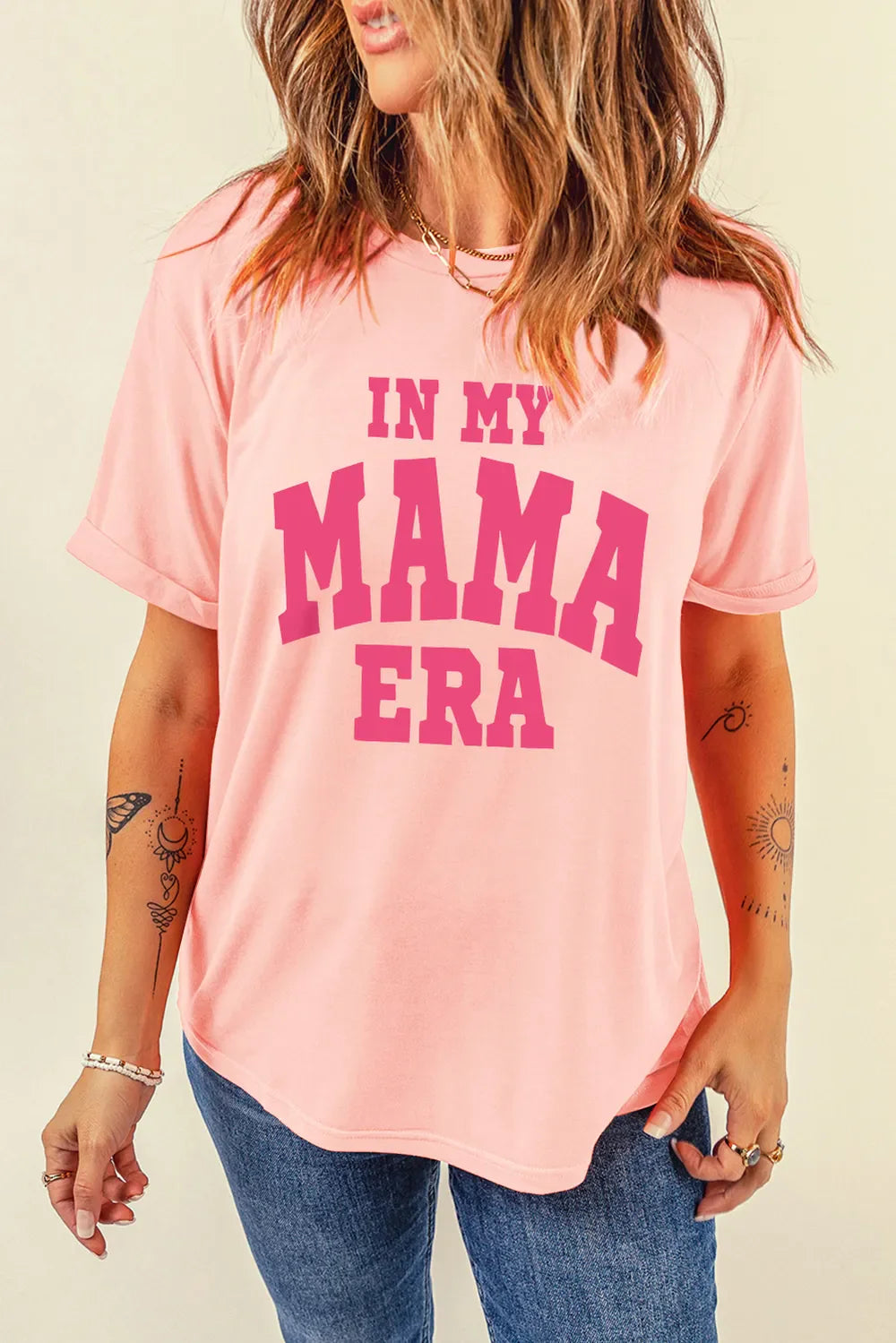 Mama Era graphic t-shirt in blush pink with rolled sleeves and a relaxed fit.