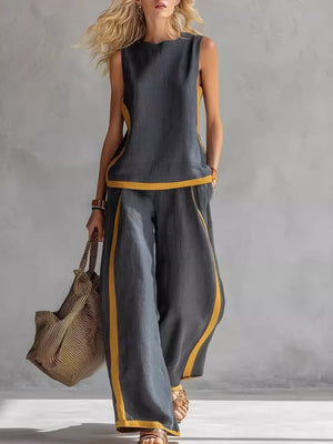 Dark Gray sleeveless tank and wide-leg pants set with yellow trim.