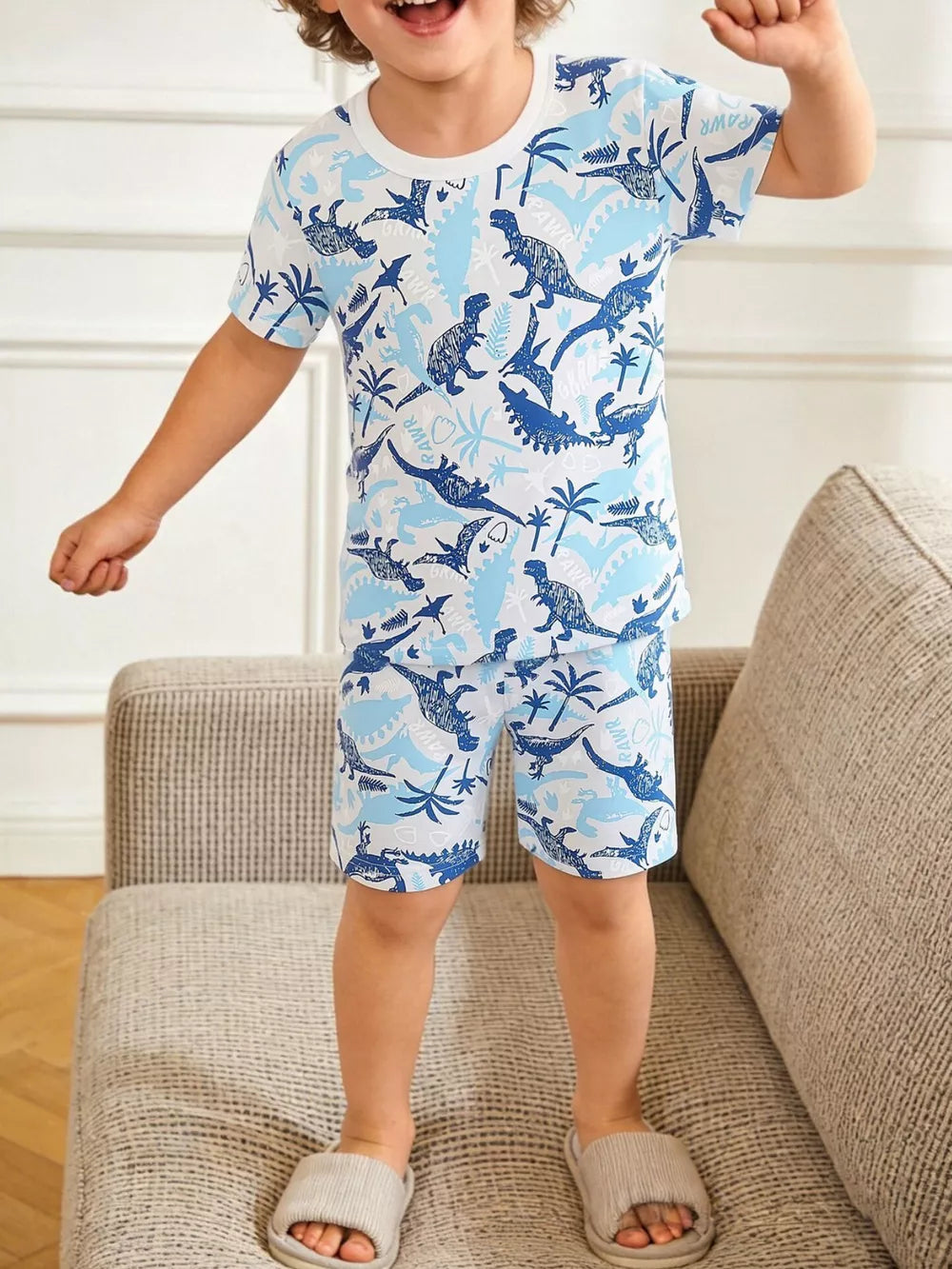 Baby blue dinosaur print short sleeve pajama set