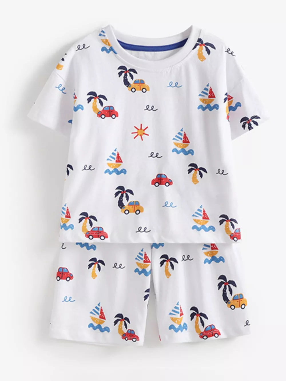 Boys' white cotton tee and shorts set with cars, sailboats, and palm trees print