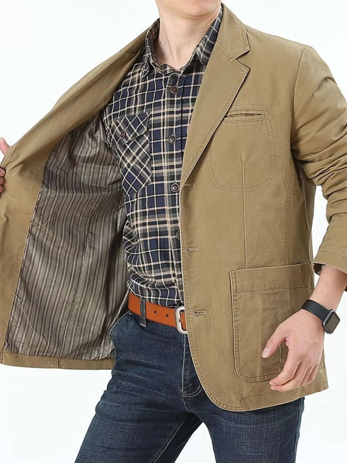 Khaki cotton button-up blazer with striped lining and patch pockets, worn over a plaid shirt.