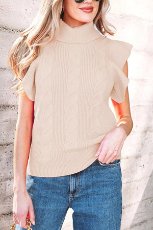 Cable Knit Turtleneck Ruffled Sweater in Scarlet with cable-knit