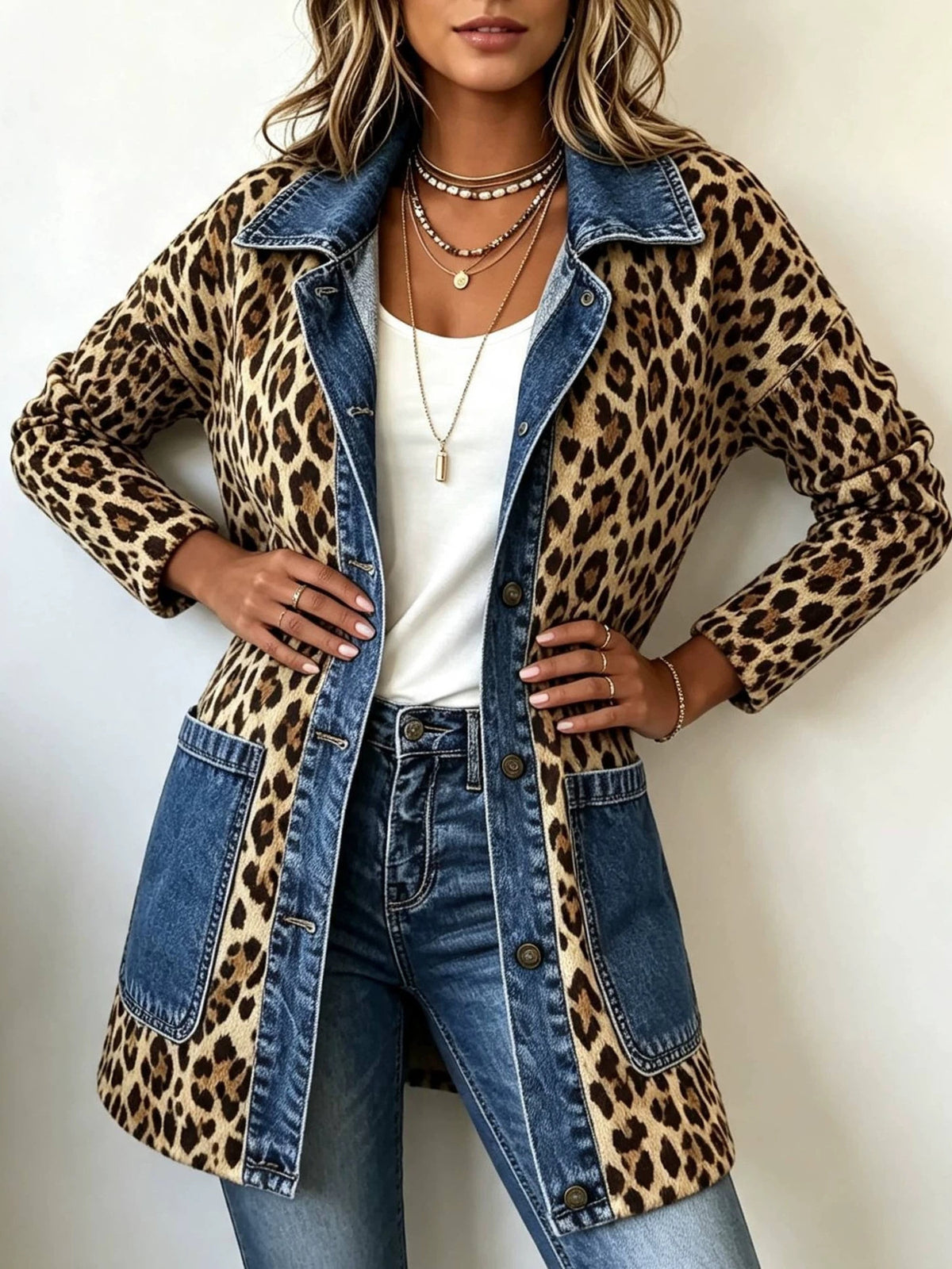 tan jacket with leopard-print and collared