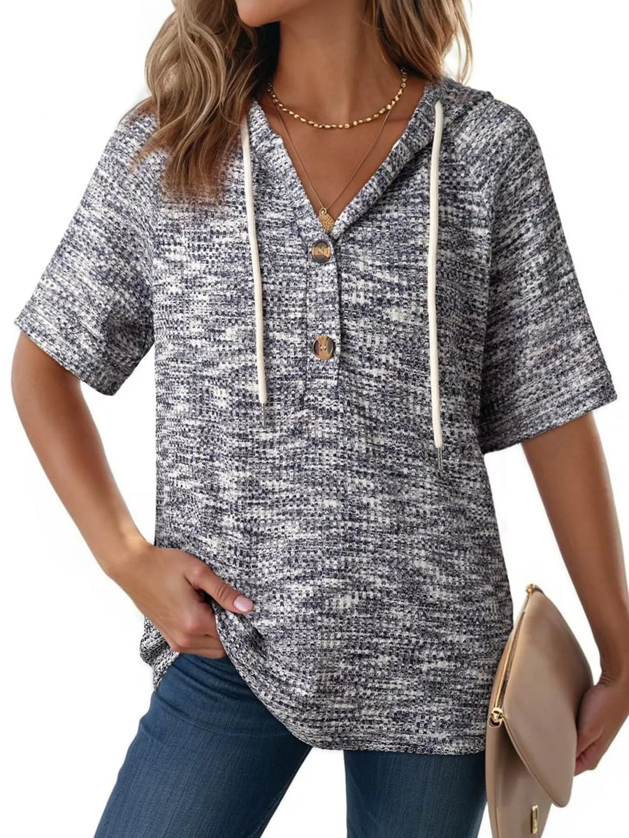 Waffle knit hooded t-shirt with button detail and drawstring in a marled navy and white pattern.