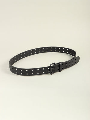 Black vegan leather belt with double row of grommets and black buckle.