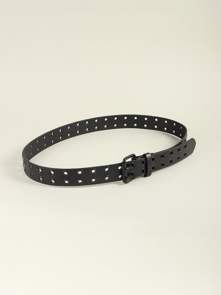 Black vegan leather belt with double row of grommets and black buckle.