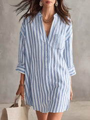 light blue shirt dress with striped and collared
