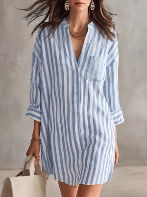 light blue shirt dress with striped and collared