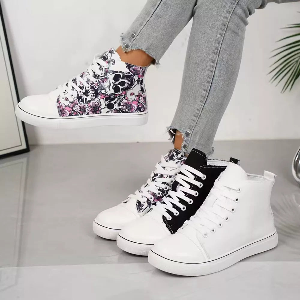 Floral and solid lace-up high-top sneakers in white and black.