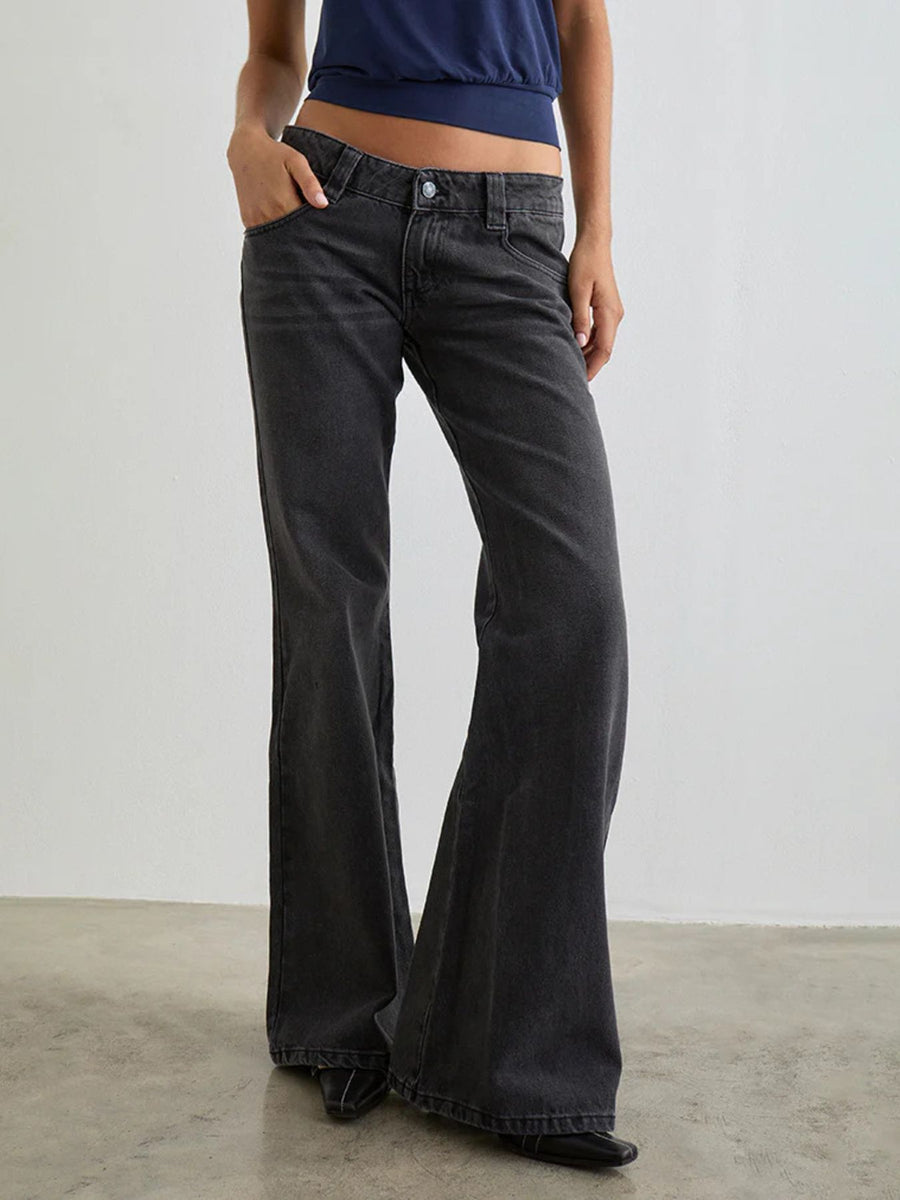 Dark gray cotton low rise flare leg jeans with pockets