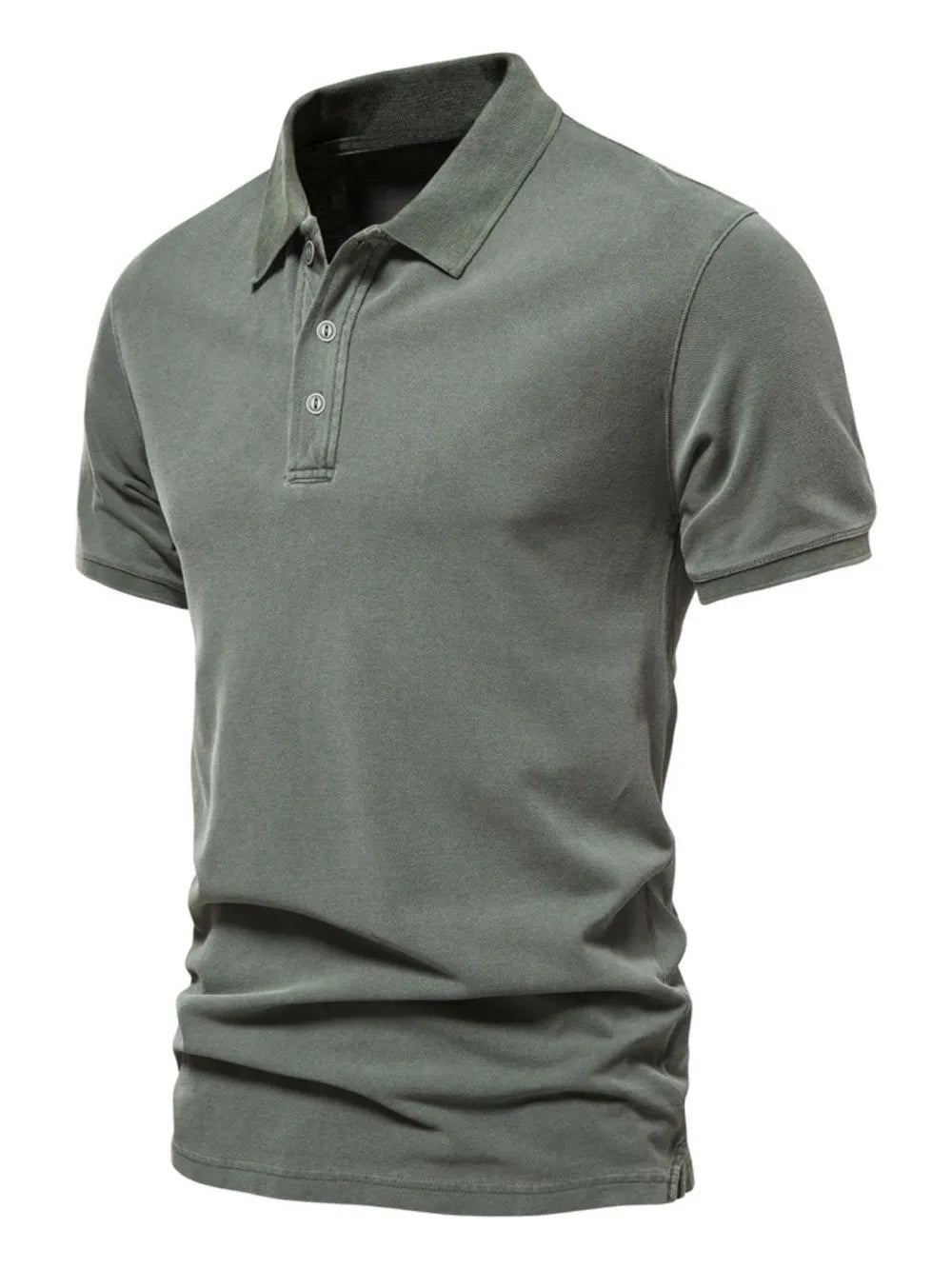 Sage textured polo shirt with short sleeves and buttoned placket.