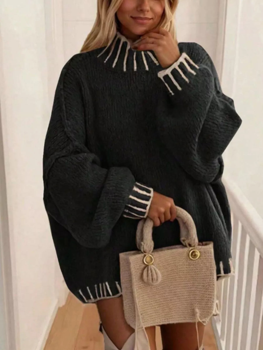 Black Contrast Trim Chunky Knit Sweater