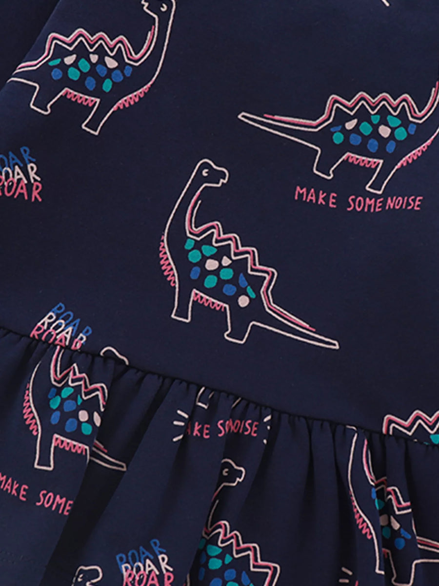 Dark navy cotton sweatshirt with dinosaur print and ruffled hem.