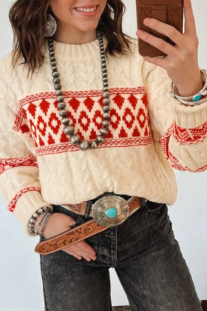 ivory pullover sweater with geometric and round neck