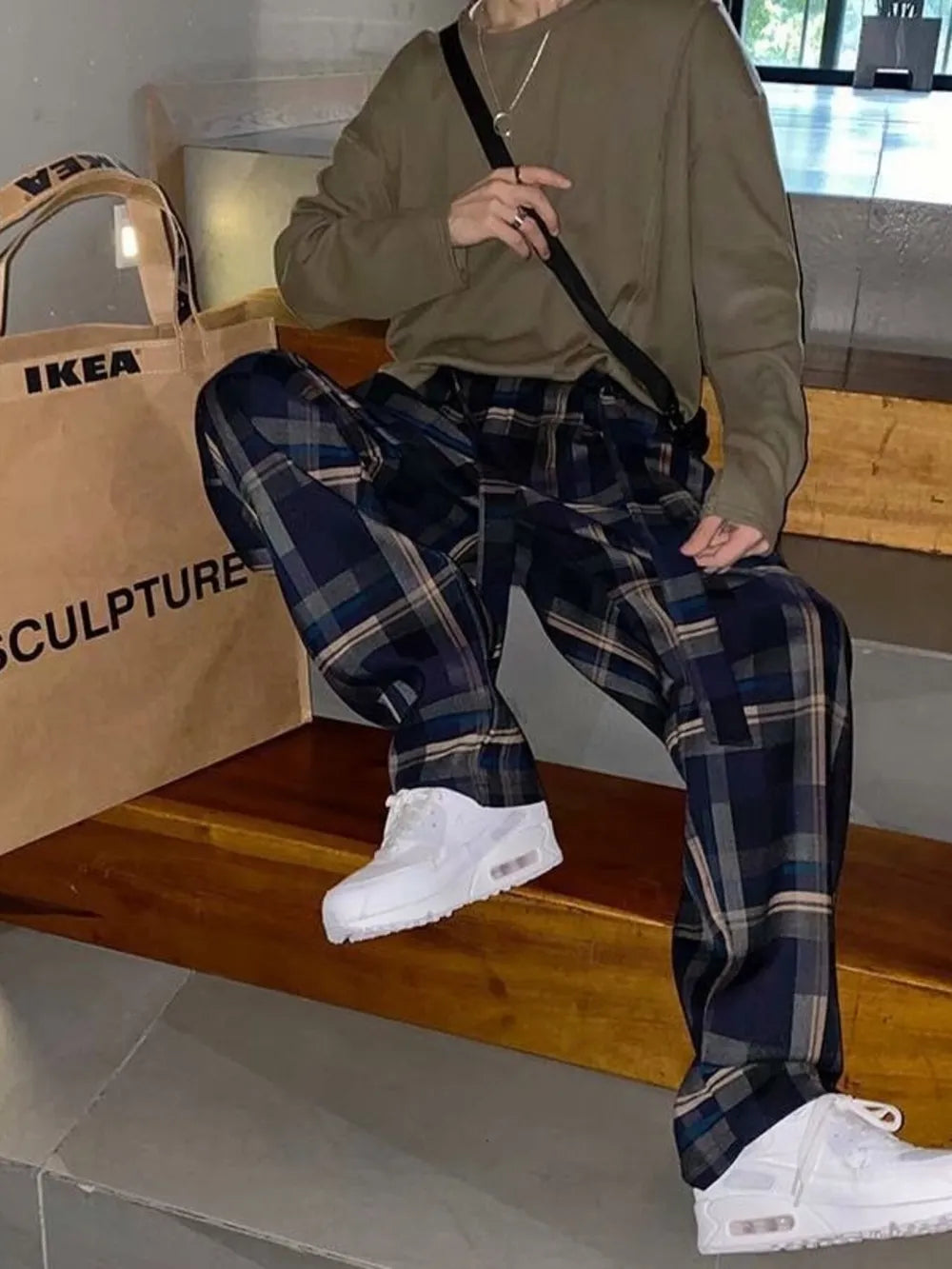 Black Men's Plus Size Plaid Relaxed Fit Pants