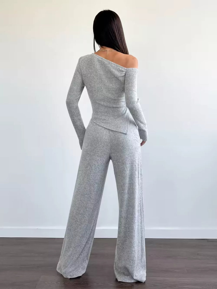 Chic One-shoulder Asymmetrical Top & Wide-leg Pants Set in Navy