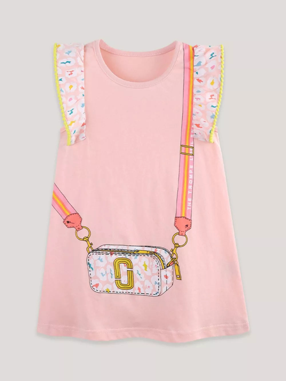 Pink cotton dress with cap sleeves, ruffled trim, and a cartoon bag print.