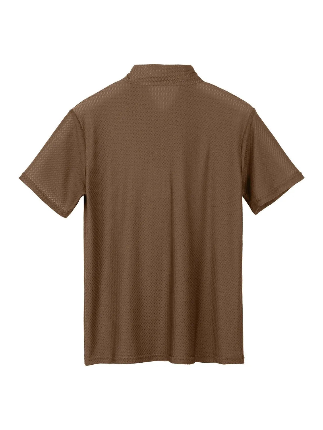 Brown textured pique polo shirt with short sleeves and a refined collar.