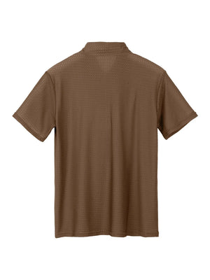 Brown textured pique polo shirt with short sleeves and a refined collar.