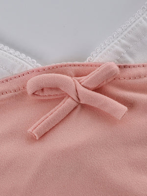 Pink loungewear set with lace trim and bow detail