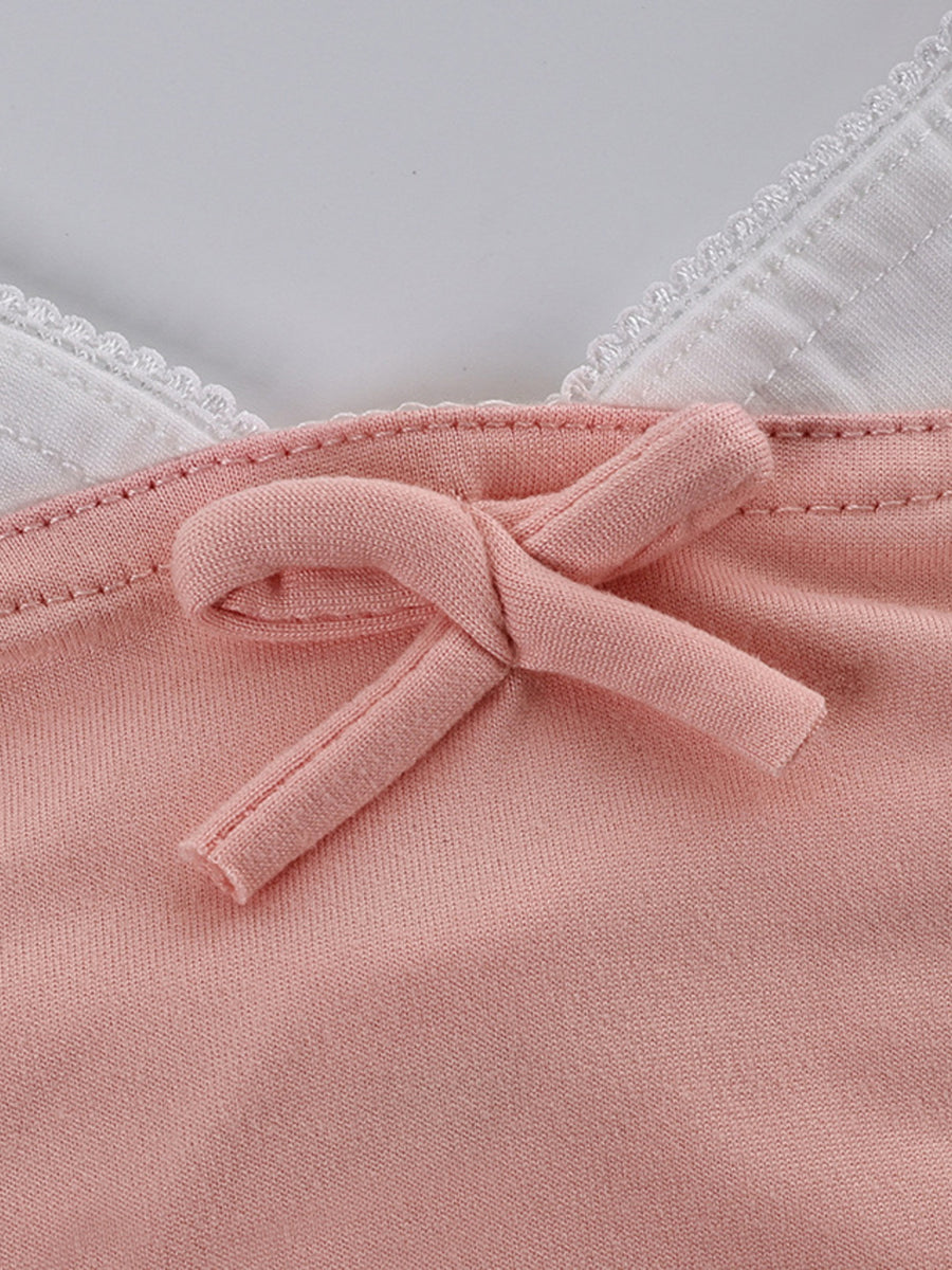 Pink loungewear set with lace trim and bow detail