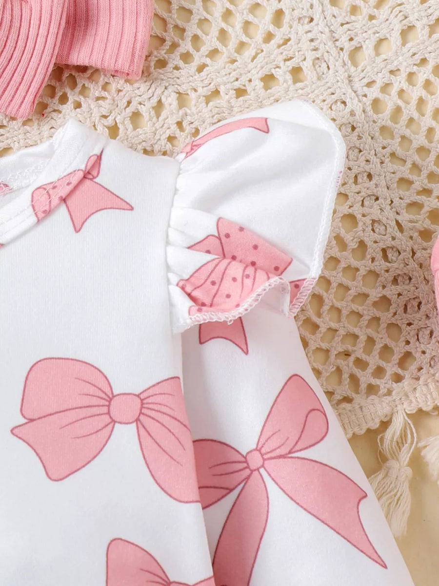 Pink with Children's Bow Print Bodysuit And Pants Set