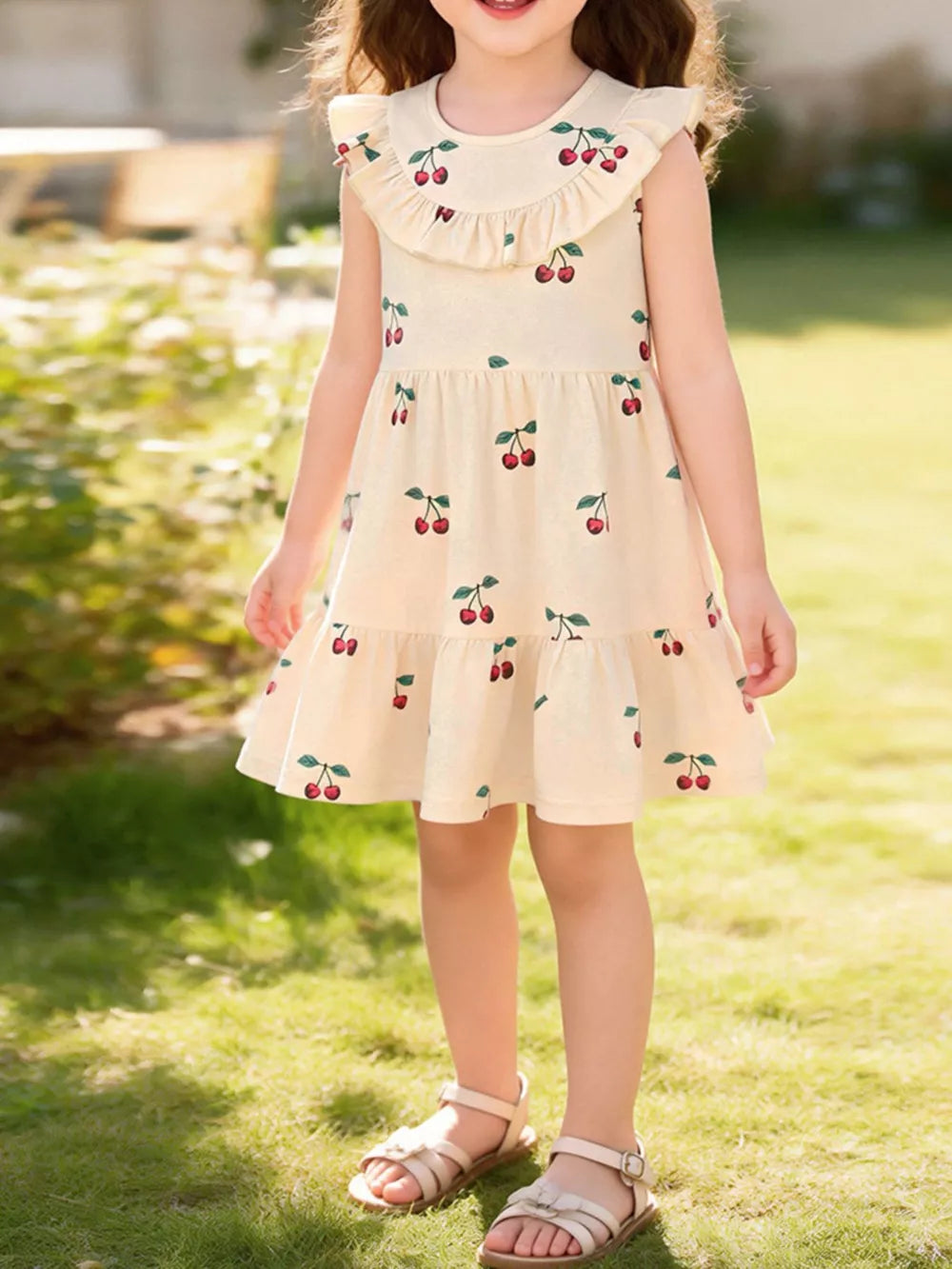 Apricot cherry print baby dress with ruffle neck and tiered skirt.