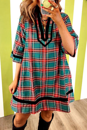 Plaid Plaid Velvet Trim Short Shift Dress
