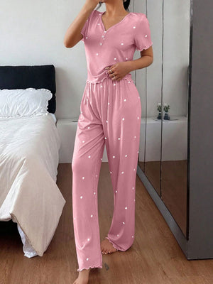 blush pink pajama set with heart-print and v-neck