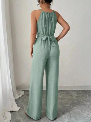 Black jumpsuit with full-length and tie, zipper
