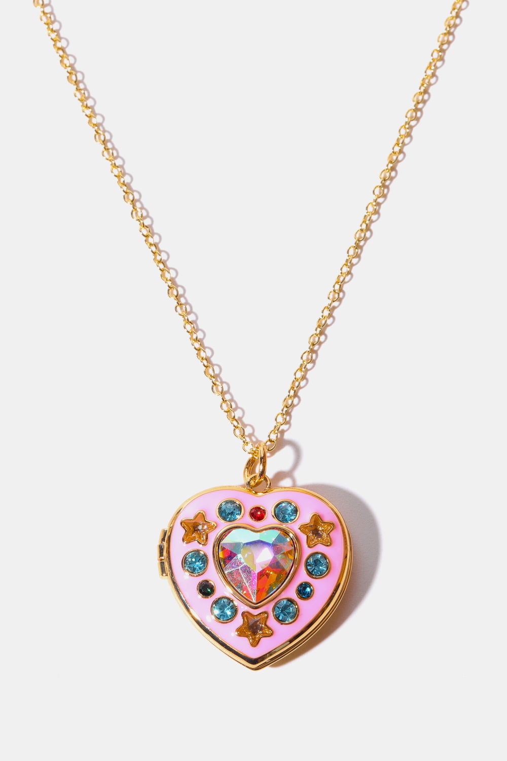 Gold locket heart pendant necklace with iridescent gem and colorful rhinestones