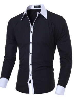 Men's black long sleeve slim fit shirt with white collar, cuffs, and button placket.
