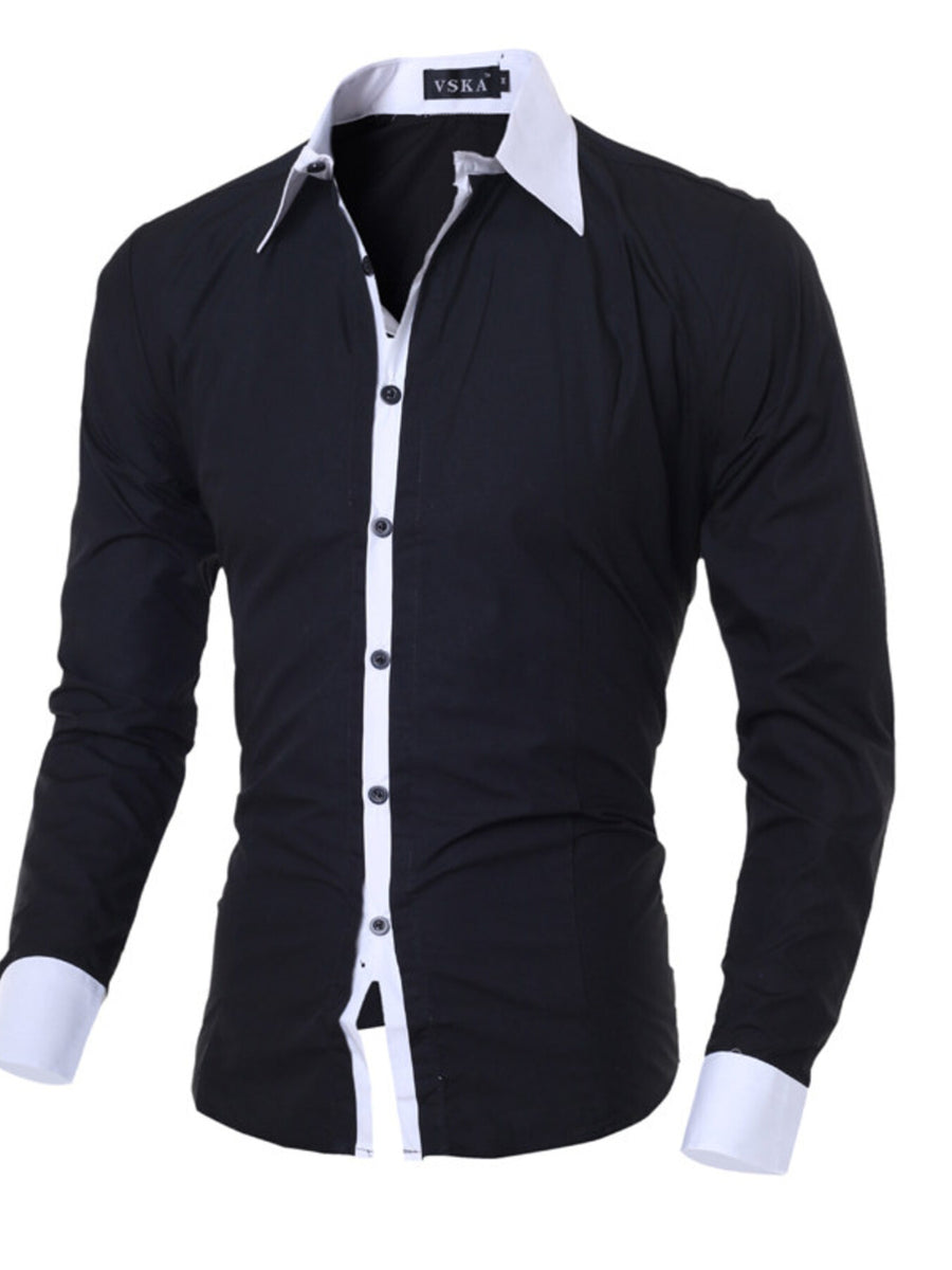 Men's black long sleeve slim fit shirt with white collar, cuffs, and button placket.