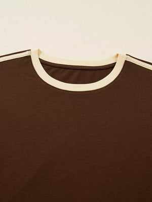Dark brown long-sleeve t-shirt with contrast cream neckline and sleeve stripes.