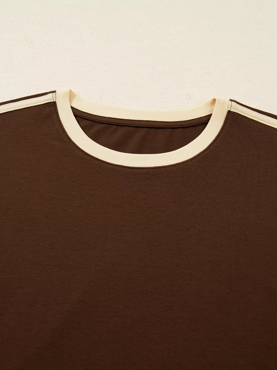 Dark brown long-sleeve t-shirt with contrast cream neckline and sleeve stripes.