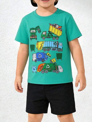 Green cotton t-shirt with playful cartoon garbage trucks and bins graphic print.