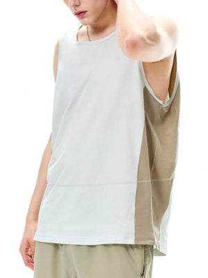 Men's white and tan color block tank top with a relaxed fit.