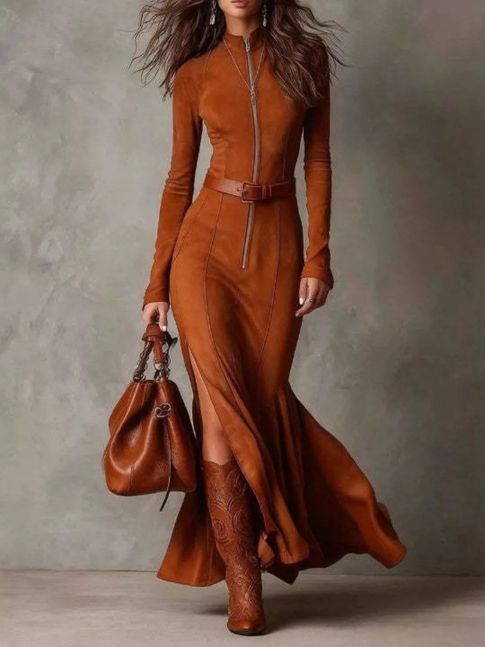 Moss fitted maxi dress with mock neck