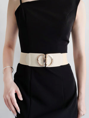 Cream elastic waist belt with double D buckle detail