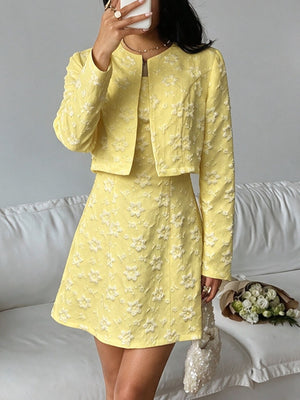 Yellow dress and cardigan set with mini, cropped and open-front