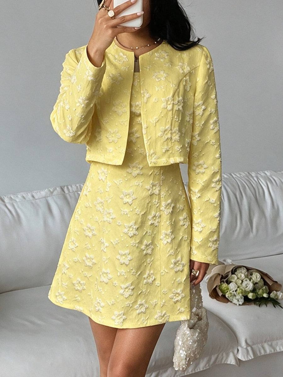 Yellow dress and cardigan set with mini, cropped and open-front