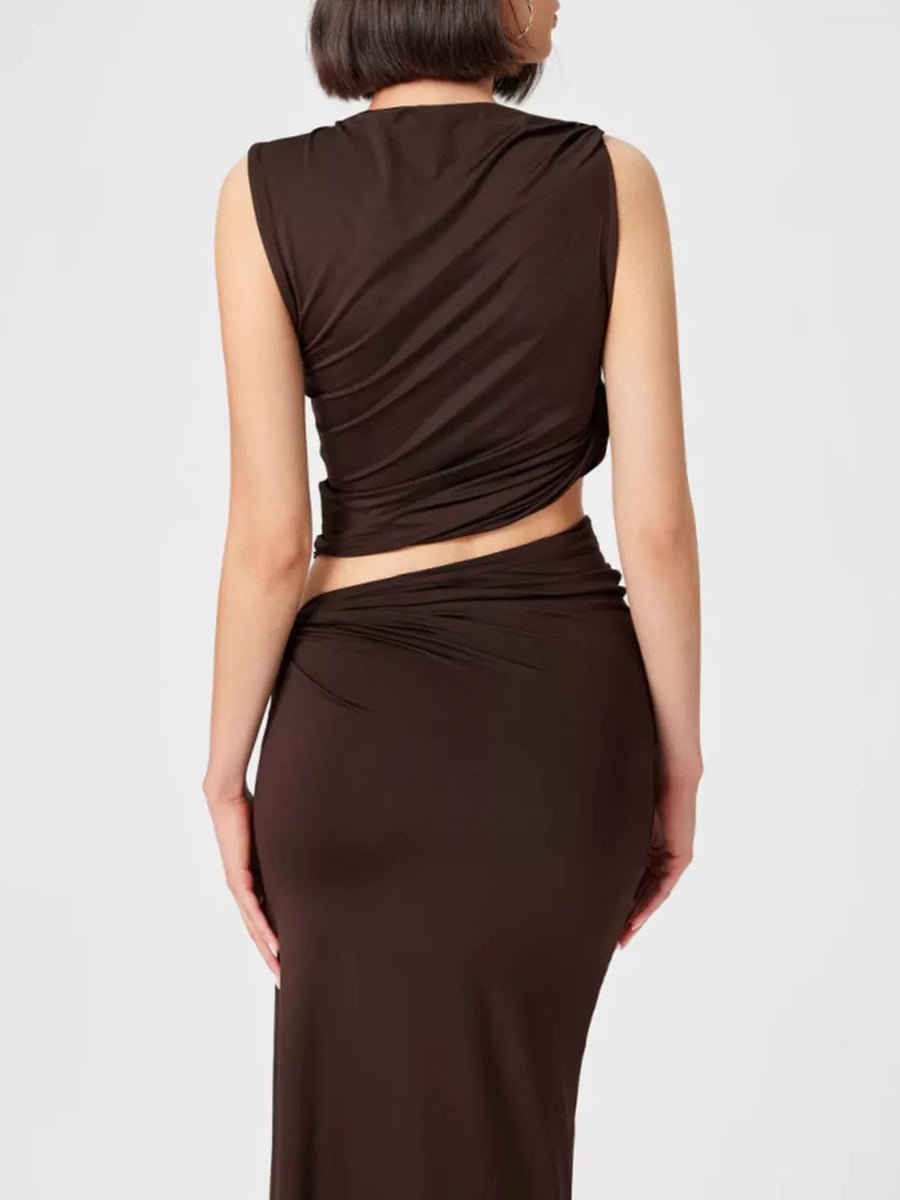 Asymmetrical Ruched Knit Top And Skirt Set in Dark Brown