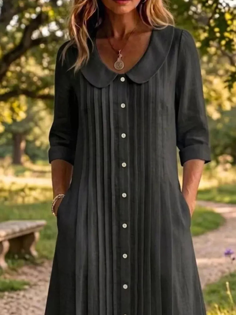 Peter Pan Collar Button Down Dress Plus Size in Black
