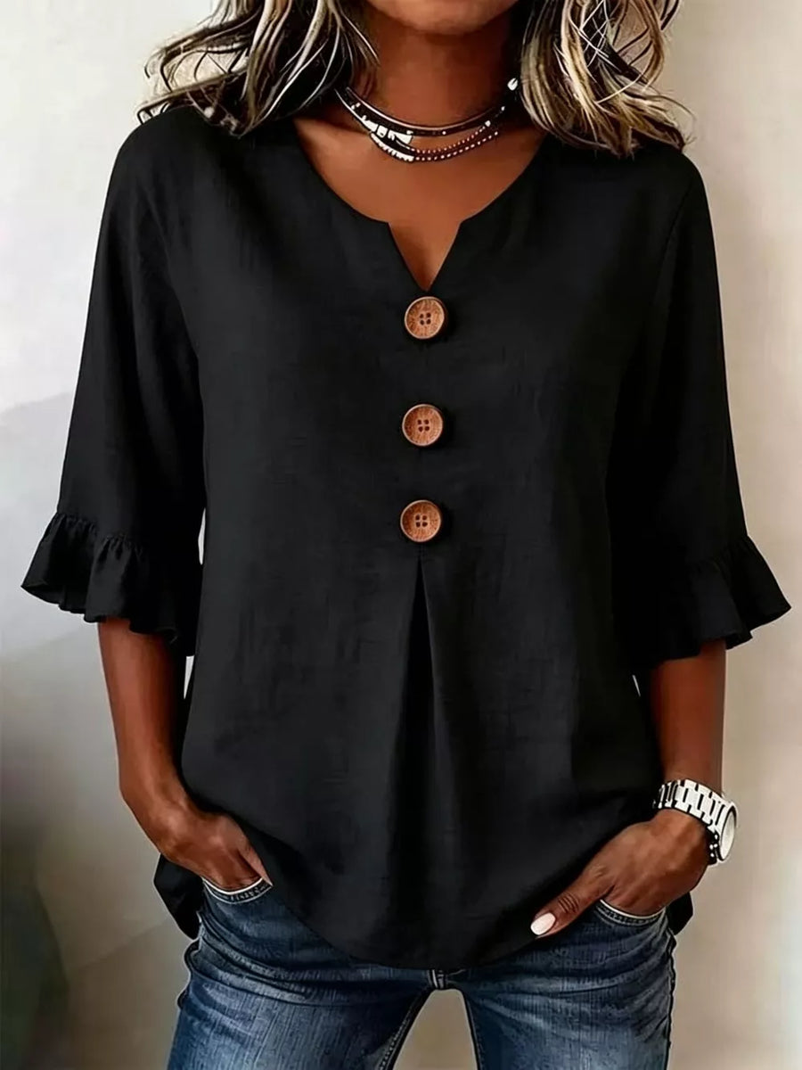Casual Ruffle-sleeve Decor-button Top Plus Size in White
