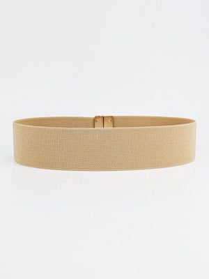 Tan elastic belt with a gold clasp closure.